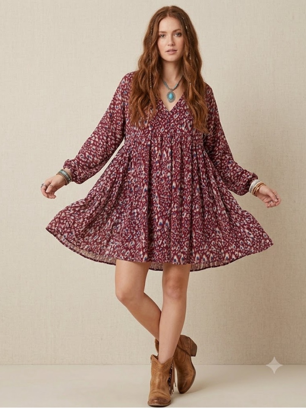 Umgee Burgundy Printed Boho Babydoll V-Neck Long Sleeve Mini Dress Size Small